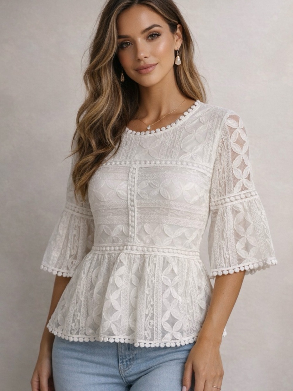 Chicwish White Lace Peplum Blouse with Pom Trim